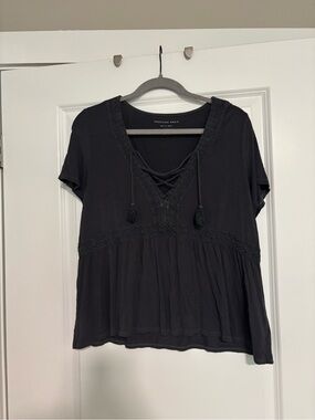 American Eagle Outfitters Dark Grey Lace-Up Boho Peasant Top